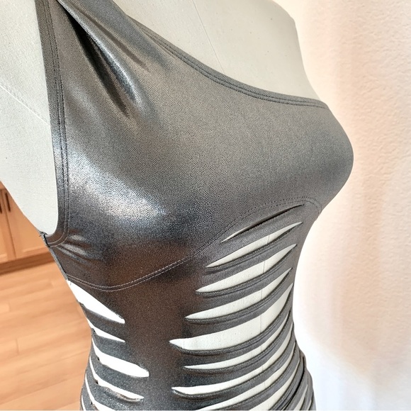 Hot Sauce Style Other - NWOT Sexy Silver Metallic Foil Shredded Cut-Out One-Piece One-Shoulder Swimsuit